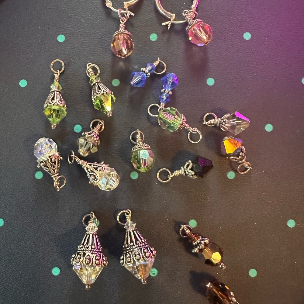 Silver hoops with lots of multicolor crystal dangles